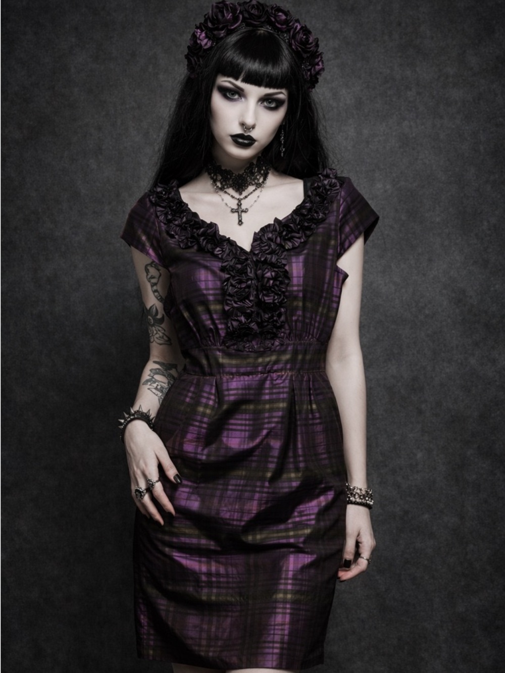 Jessica Howard Gothic Purple and Black Plaid Dress Size 12P Wednesday Goth Punk